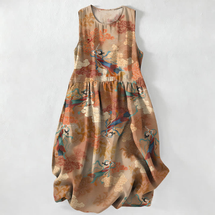 Buddha Stones Sommerliches, lässiges, ärmelloses Midikleid für Damen mit östlichem Wolkenmuster und Taschen - BurlyWood - US16, UK/AU20, EU48 (3XL) - image 0