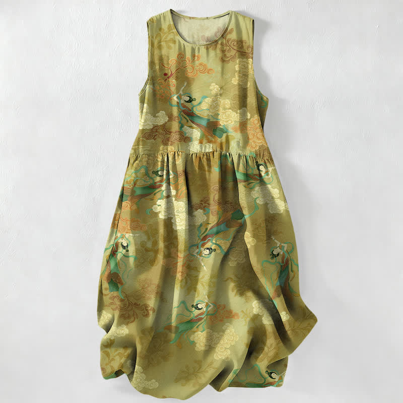 Buddha Stones Sommerliches, lässiges, ärmelloses Midikleid für Damen mit östlichem Wolkenmuster und Taschen - Gelbgrün - US16, UK/AU20, EU48 (3XL) - image 5