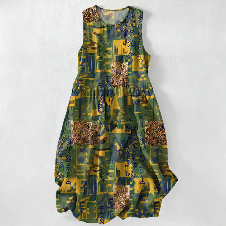 Buddha Stones Sommerliches, lässiges, ärmelloses Midikleid für Damen mit abstraktem, geometrischem Patchwork-Muster und Taschen - Olive - US16, UK/AU20, EU48 (3XL) - image 0