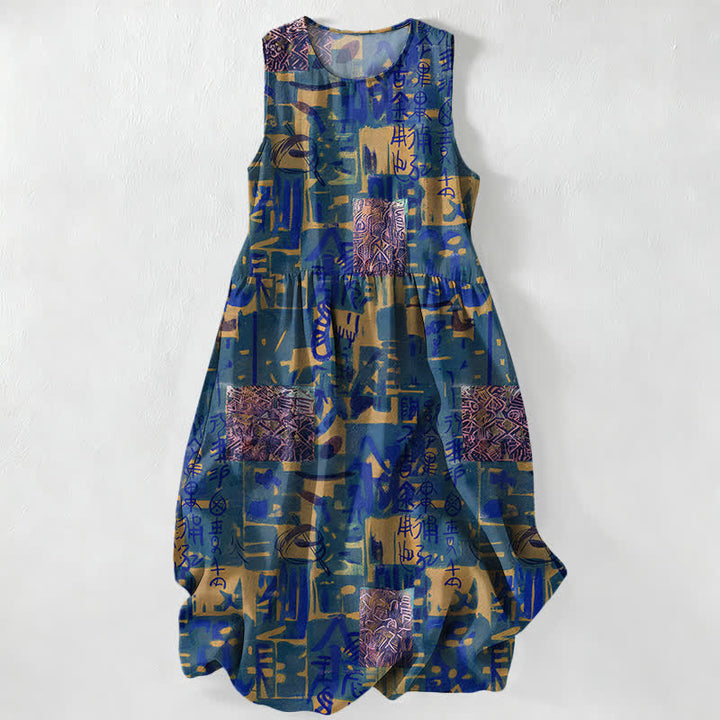 Buddha Stones Sommerliches, lässiges, ärmelloses Midikleid für Damen mit abstraktem, geometrischem Patchwork-Muster und Taschen - Königsblau - US16, UK/AU20, EU48 (3XL) - image 4
