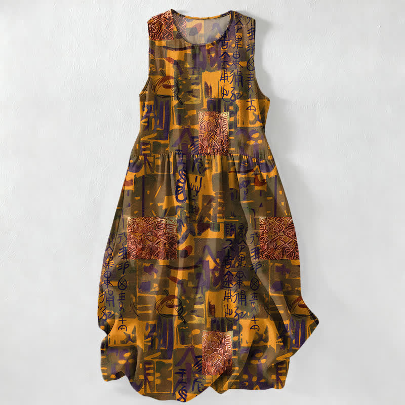 Buddha Stones Sommerliches, lässiges, ärmelloses Midikleid für Damen mit abstraktem, geometrischem Patchwork-Muster und Taschen - Goldrute - US16, UK/AU20, EU48 (3XL) - image 5