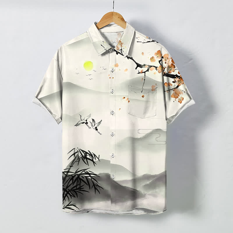 Buddha Stones Kurzarmhemd für Herren mit Kranich-, Bambus- und Pflaumenblütenmuster, knitterarm, atmungsaktiv und mit Knöpfen. - Elfenbein - US/ UK/AU48, EU58 (4XL) - image 3