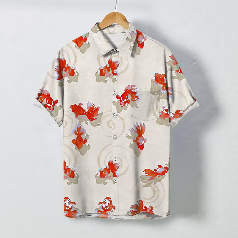 Buddha Stones Rotes Herren-Kurzarmhemd mit Koi-Fisch-Muster, Wellenmuster, Knöpfen und knitterfreiem Material - Leinen - US/ UK/AU48, EU58 (4XL) - image 6