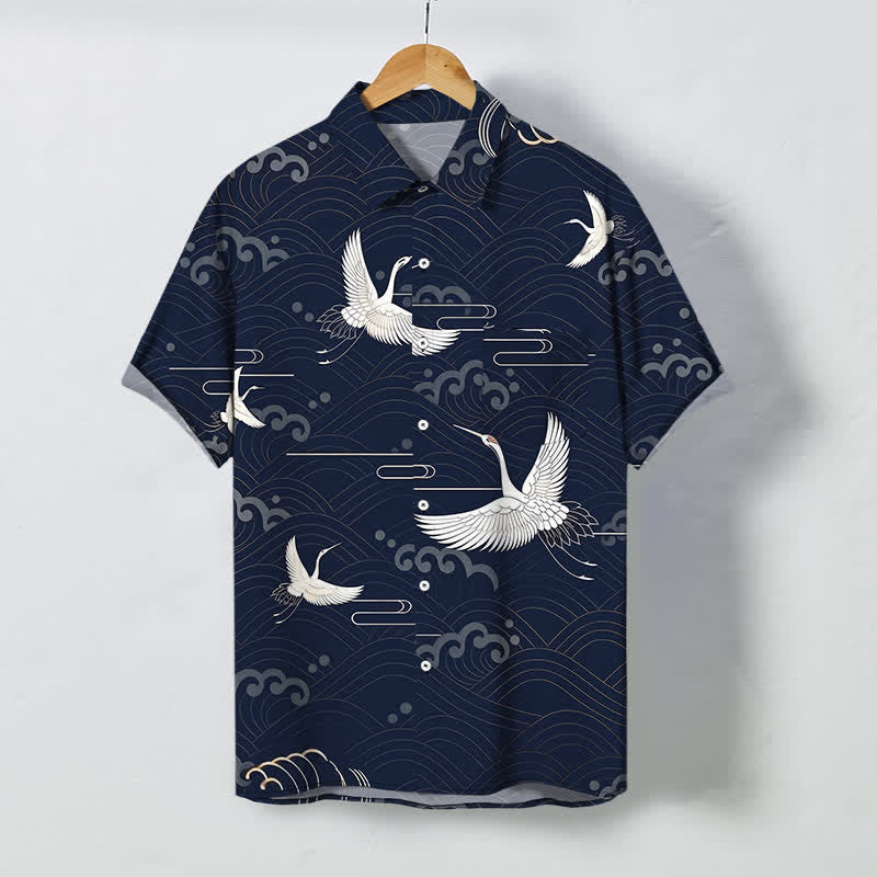 Buddha Stones Atmungsaktives Herren-Kurzarmhemd mit Kranich-, Wolken- und Wellenmuster und Knöpfen - Marine - US/ UK/AU48, EU58 (4XL) - image 10