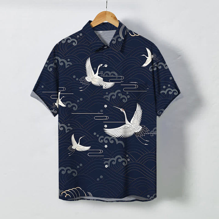 Buddha Stones Atmungsaktives Herren-Kurzarmhemd mit Kranich-, Wolken- und Wellenmuster und Knöpfen - Marine - US/ UK/AU48, EU58 (4XL) - image 10