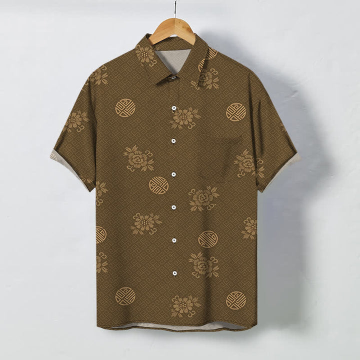 Buddha Stones Atmungsaktives Herren-Kurzarmhemd mit geometrischem Blumenmedaillonmuster und Knöpfen - Sienna - US/ UK/AU48, EU58 (4XL) - image 0