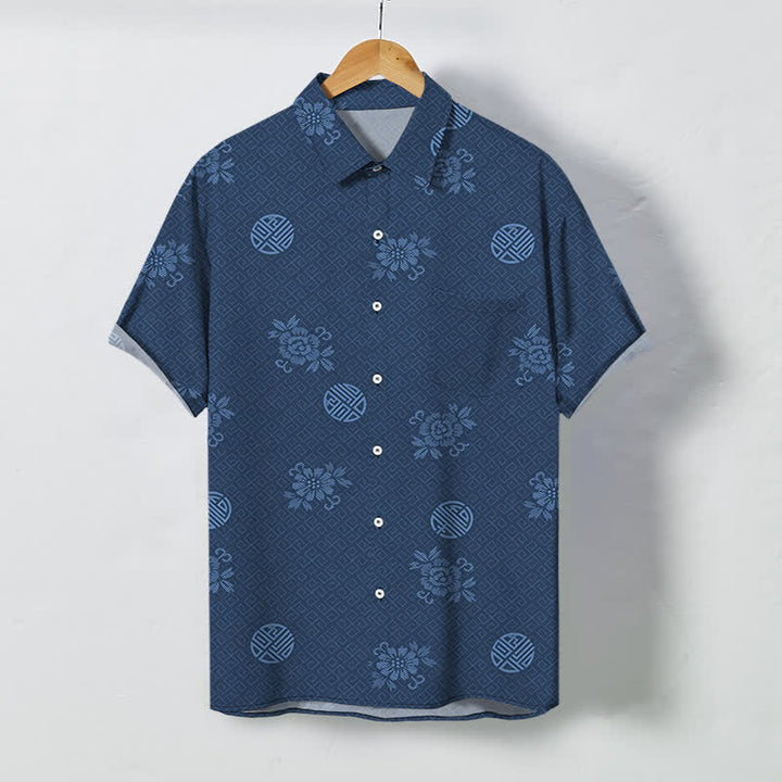 Buddha Stones Atmungsaktives Herren-Kurzarmhemd mit geometrischem Blumenmedaillonmuster und Knöpfen - Marine - US/ UK/AU48, EU58 (4XL) - image 10