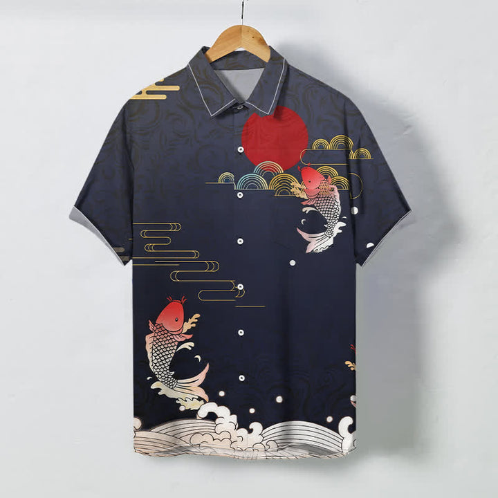 Buddha Stones Herren-Kurzarmhemd mit rotem Koi-Fisch-Wellen- und Sonnenmuster, atmungsaktiv, Knöpfen - Marine - US/ UK/AU48, EU58 (4XL) - image 0