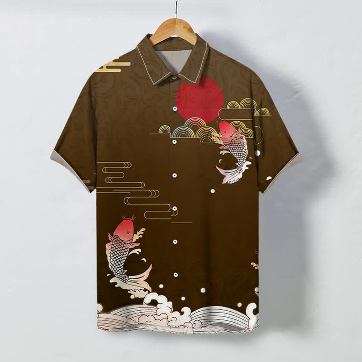 Buddha Stones Herren-Kurzarmhemd mit rotem Koi-Fisch-Wellen- und Sonnenmuster, atmungsaktiv, Knöpfen - Sattelbraun - US/ UK/AU48, EU58 (4XL) - image 3