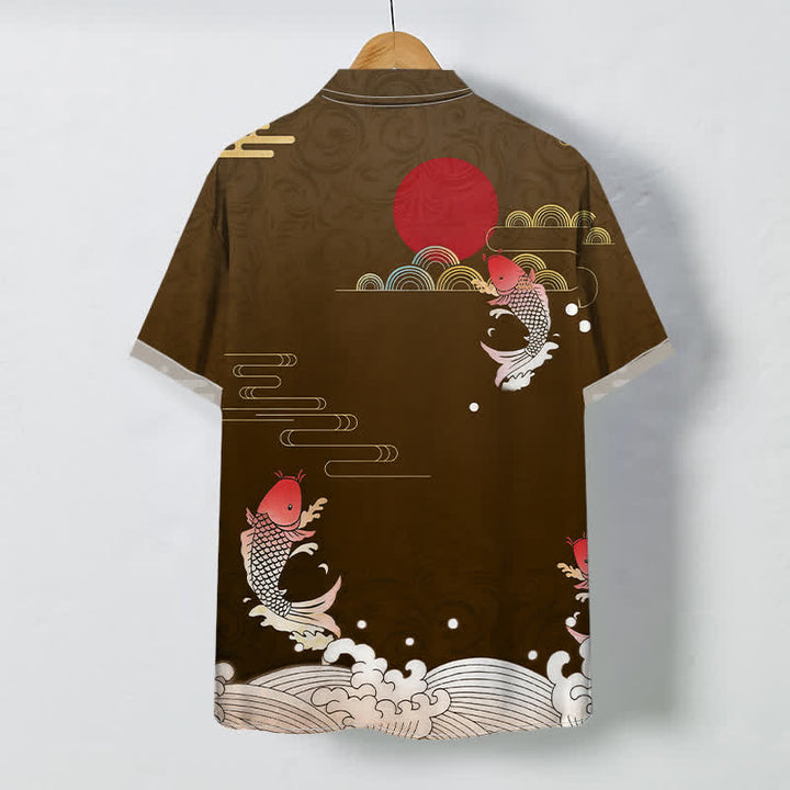 Buddha Stones Herren-Kurzarmhemd mit rotem Koi-Fisch-Wellen- und Sonnenmuster, atmungsaktiv, Knöpfen - image 4