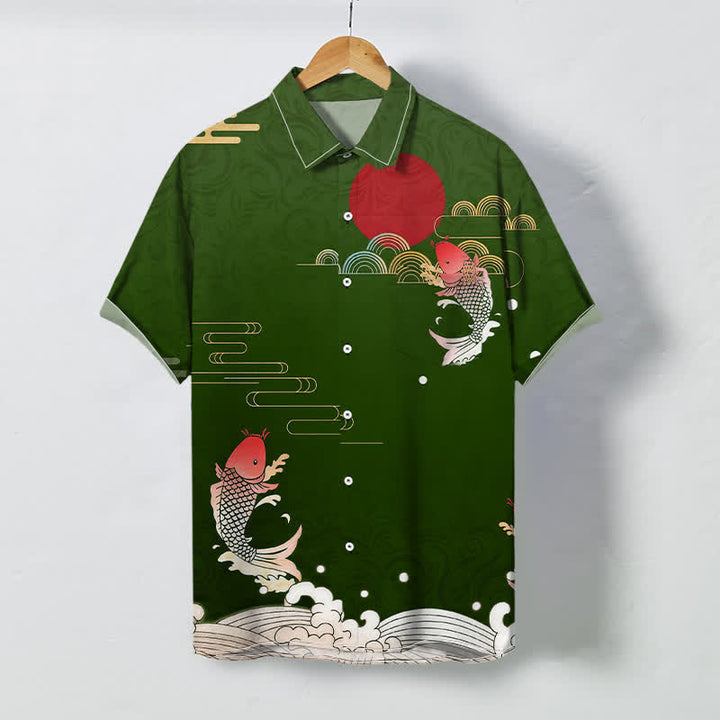 Buddha Stones Herren-Kurzarmhemd mit rotem Koi-Fisch-Wellen- und Sonnenmuster, atmungsaktiv, Knöpfen - Waldgrün - US/ UK/AU48, EU58 (4XL) - image 6
