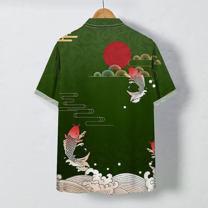 Buddha Stones Herren-Kurzarmhemd mit rotem Koi-Fisch-Wellen- und Sonnenmuster, atmungsaktiv, Knöpfen - image 7