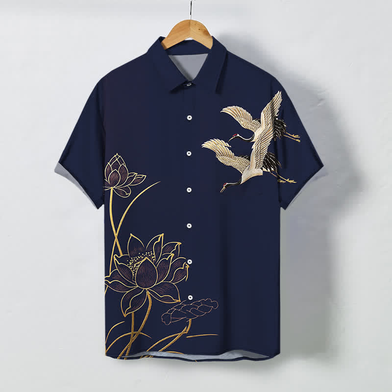 Buddha Stones Atmungsaktives Herren-Kurzarmhemd mit Kranich-Lotus-Muster und Knöpfen - Marine - US/ UK/AU48, EU58 (4XL) - image 5