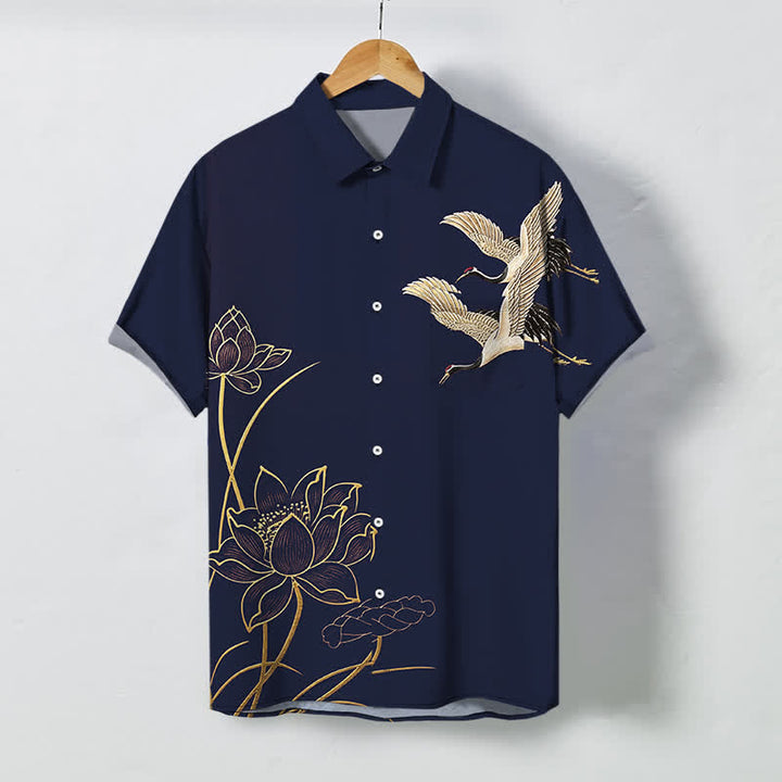 Buddha Stones Atmungsaktives Herren-Kurzarmhemd mit Kranich-Lotus-Muster und Knöpfen - Marine - US/ UK/AU48, EU58 (4XL) - image 5
