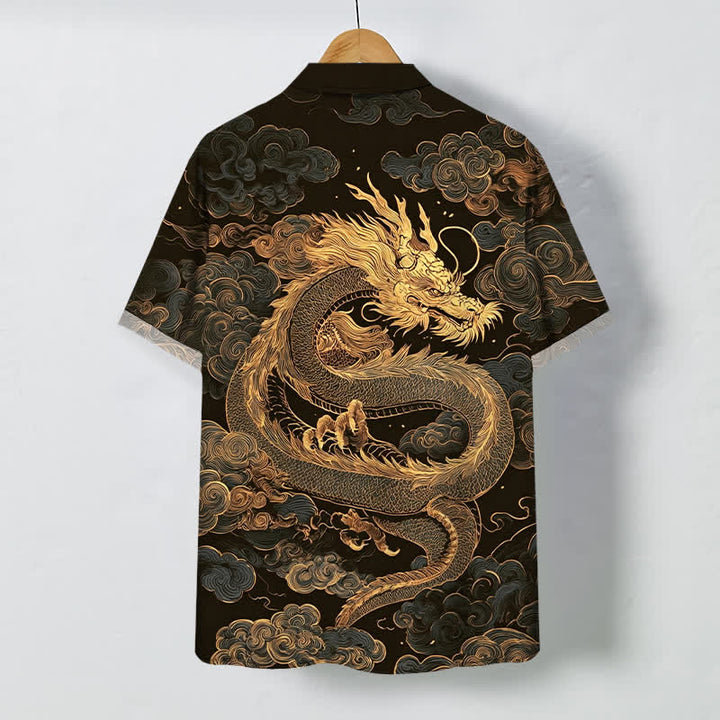 Buddha Stones Herren-Kurzarmhemd mit goldenem Drachen- und Wolkenmuster, knitterarm. - image 1