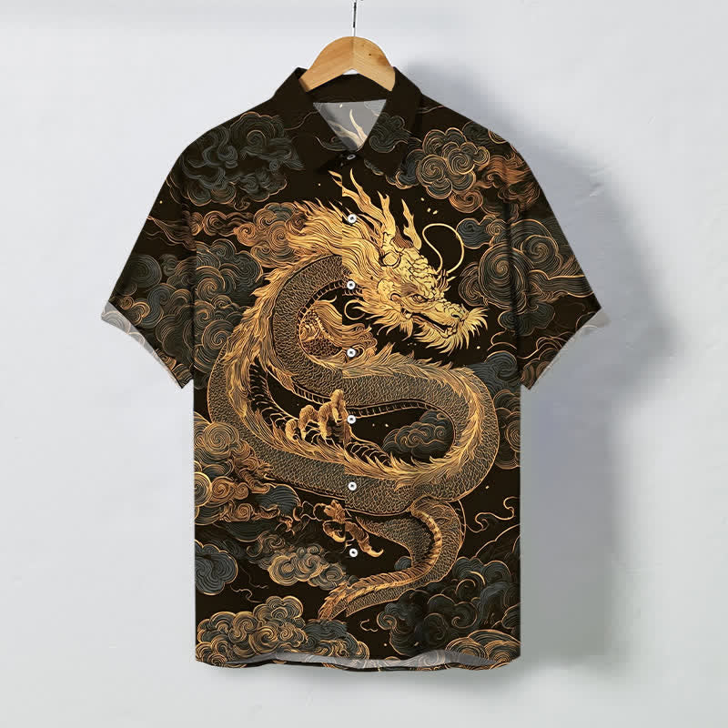Buddha Stones Herren-Kurzarmhemd mit goldenem Drachen- und Wolkenmuster, knitterarm. - Sattelbraun - US/ UK/AU48, EU58 (4XL) - image 0