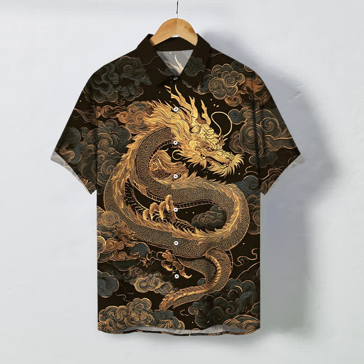 Buddha Stones Herren-Kurzarmhemd mit goldenem Drachen- und Wolkenmuster, knitterarm. - Sattelbraun - US/ UK/AU48, EU58 (4XL) - image 0
