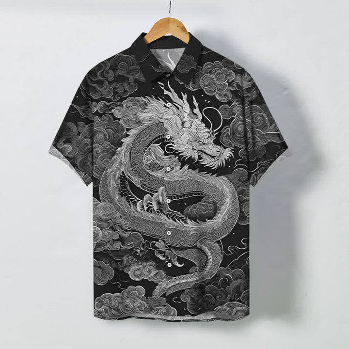 Buddha Stones Herren-Kurzarmhemd mit goldenem Drachen- und Wolkenmuster, knitterarm. - Schwarz - US/ UK/AU48, EU58 (4XL) - image 5