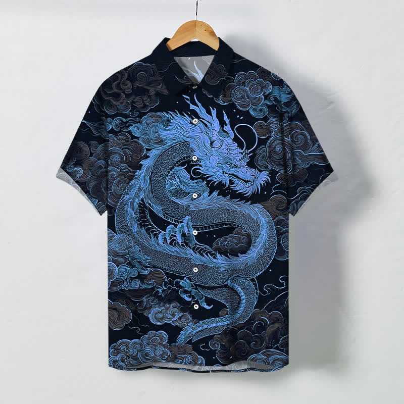 Buddha Stones Herren-Kurzarmhemd mit goldenem Drachen- und Wolkenmuster, knitterarm. - Marine - US/ UK/AU48, EU58 (4XL) - image 10