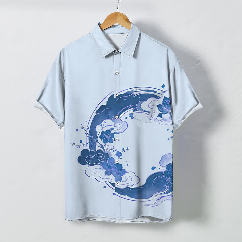 Buddha Stones Orientalisches Herren-Kurzarmhemd mit Lotus- und Pfirsichblütenmuster, Wolkenmotiv, Knöpfen und atmungsaktivem Material - Hellblau - US/ UK/AU48, EU58 (4XL) - image 3