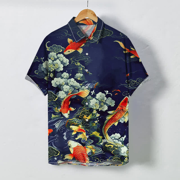 Buddha Stones Herren-Kurzarmhemd mit rotem Koi-Fisch, Wolken-, Wellen- und weißem Blumenmuster, Knöpfen und knitterfreiem Material. - Marine - US/ UK/AU48, EU58 (4XL) - image 3