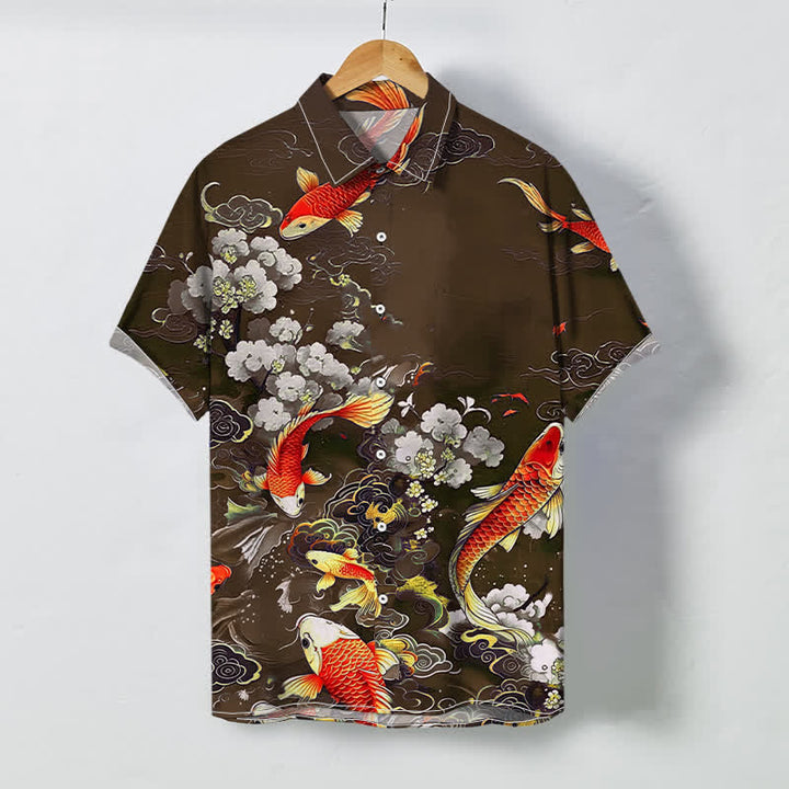 Buddha Stones Herren-Kurzarmhemd mit rotem Koi-Fisch, Wolken-, Wellen- und weißem Blumenmuster, Knöpfen und knitterfreiem Material. - Sattelbraun - US/ UK/AU48, EU58 (4XL) - image 6