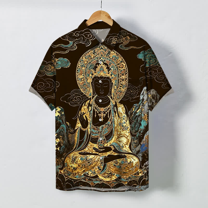 Buddha Stones Goldenes Buddha-Wolkenmuster, Knöpfe, knitterfreies Kurzarmhemd für Herren - Sattelbraun - US/ UK/AU48, EU58 (4XL) - image 0