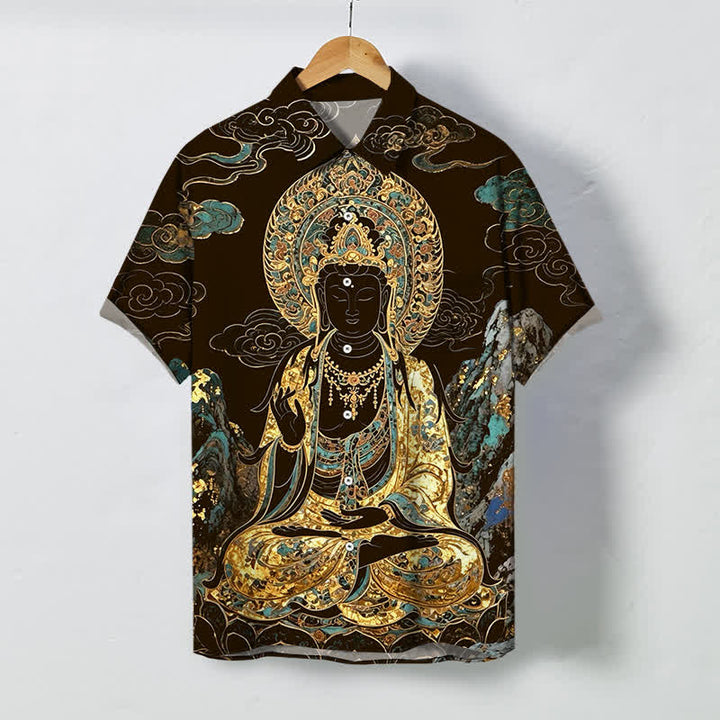 Buddha Stones Goldenes Buddha-Wolkenmuster, Knöpfe, knitterfreies Kurzarmhemd für Herren - Sattelbraun - US/ UK/AU48, EU58 (4XL) - image 0