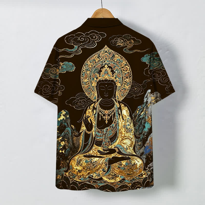 Buddha Stones Goldenes Buddha-Wolkenmuster, Knöpfe, knitterfreies Kurzarmhemd für Herren - image 1