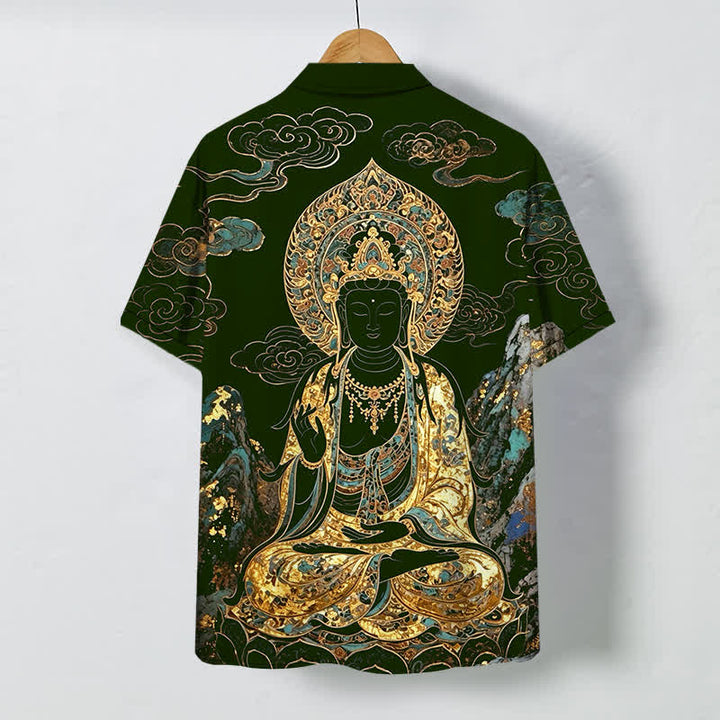 Buddha Stones Goldenes Buddha-Wolkenmuster, Knöpfe, knitterfreies Kurzarmhemd für Herren - image 6