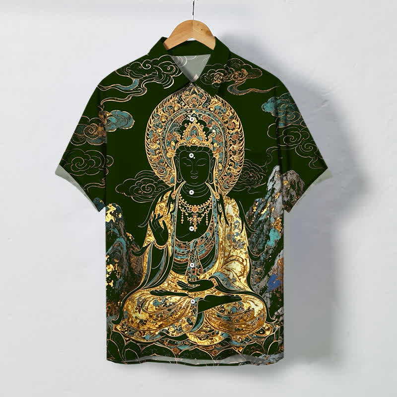 Buddha Stones Goldenes Buddha-Wolkenmuster, Knöpfe, knitterfreies Kurzarmhemd für Herren - Dunkelgrün - US/ UK/AU48, EU58 (4XL) - image 5