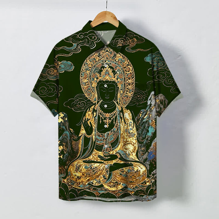 Buddha Stones Goldenes Buddha-Wolkenmuster, Knöpfe, knitterfreies Kurzarmhemd für Herren - Dunkelgrün - US/ UK/AU48, EU58 (4XL) - image 5