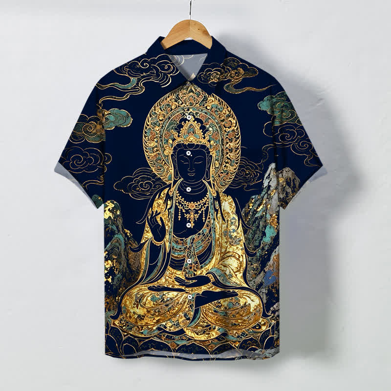 Buddha Stones Goldenes Buddha-Wolkenmuster, Knöpfe, knitterfreies Kurzarmhemd für Herren - Mitternachtsblau - US/ UK/AU48, EU58 (4XL) - image 10