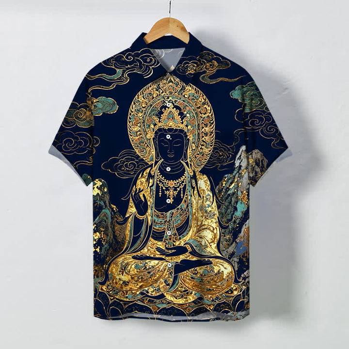 Buddha Stones Goldenes Buddha-Wolkenmuster, Knöpfe, knitterfreies Kurzarmhemd für Herren - Mitternachtsblau - US/ UK/AU48, EU58 (4XL) - image 10