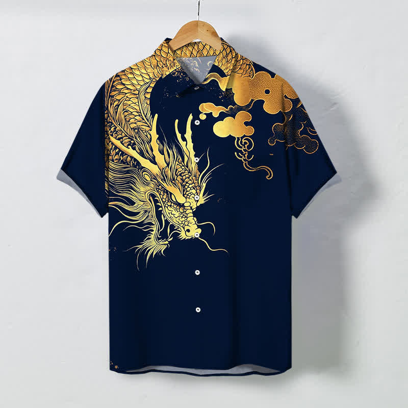 Buddha Stones Herren-Kurzarmhemd mit goldenem Drachen- und Wolkenmuster, knitterarm. - Marine - US/ UK/AU48, EU58 (4XL) - image 0