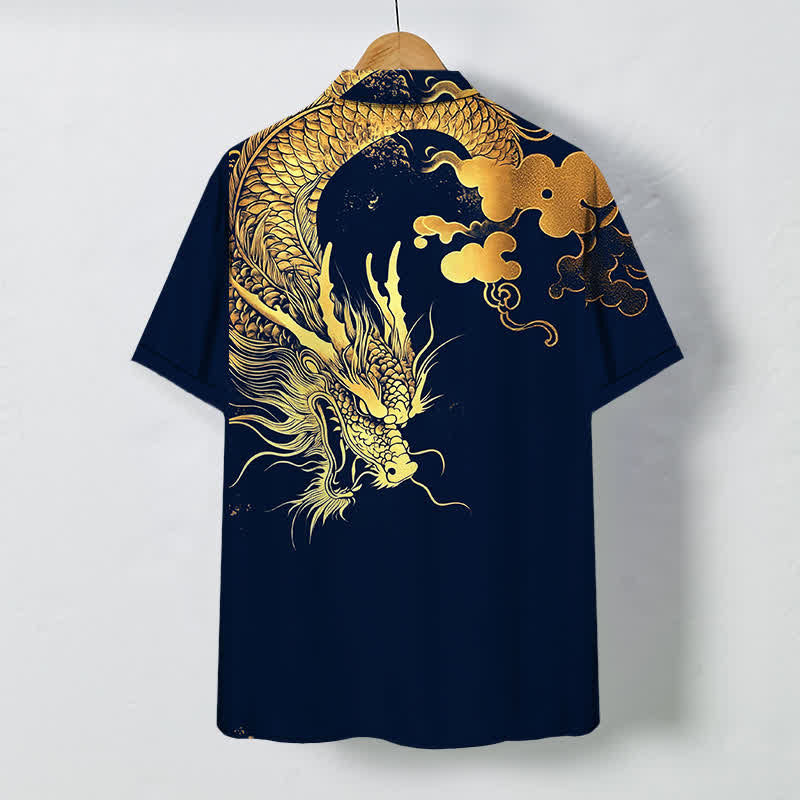 Buddha Stones Herren-Kurzarmhemd mit goldenem Drachen- und Wolkenmuster, knitterarm. - image 1