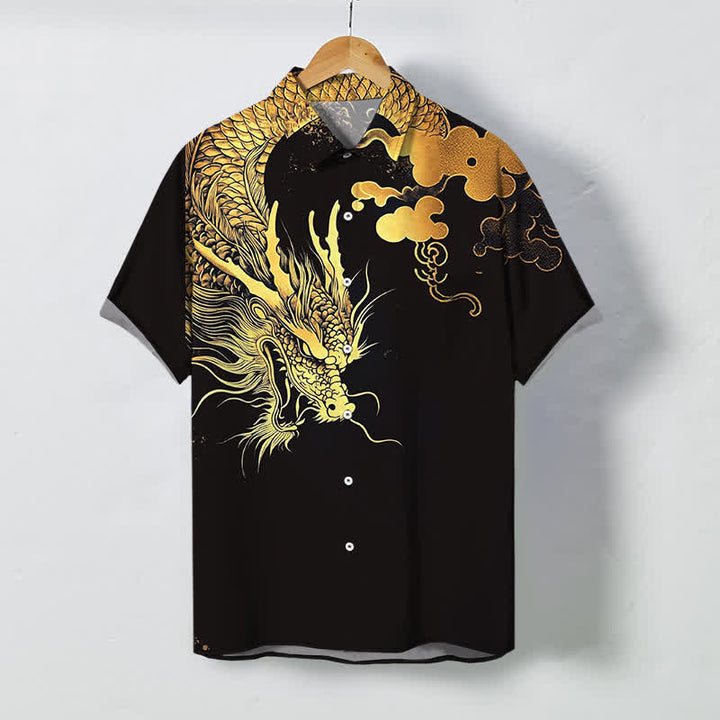 Buddha Stones Herren-Kurzarmhemd mit goldenem Drachen- und Wolkenmuster, knitterarm. - Schwarz - US/ UK/AU48, EU58 (4XL) - image 5