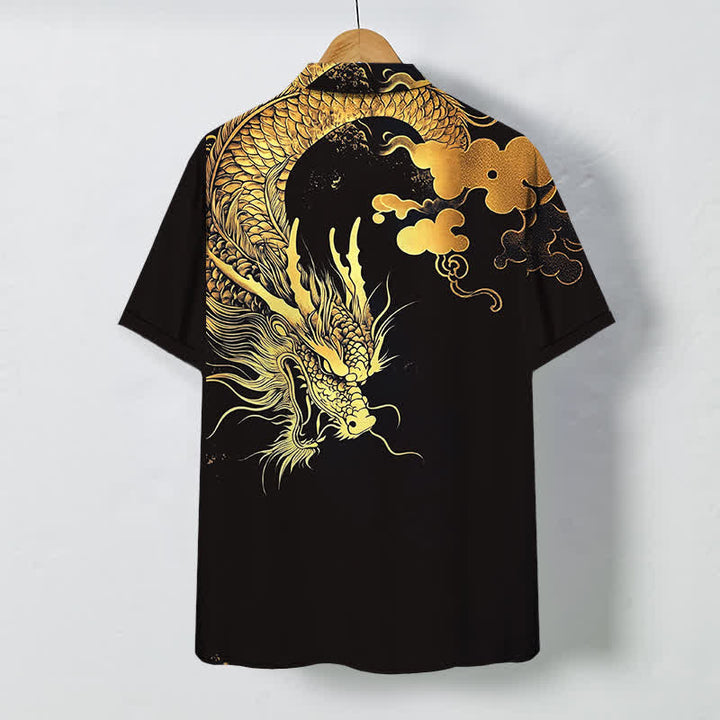 Buddha Stones Herren-Kurzarmhemd mit goldenem Drachen- und Wolkenmuster, knitterarm. - image 6
