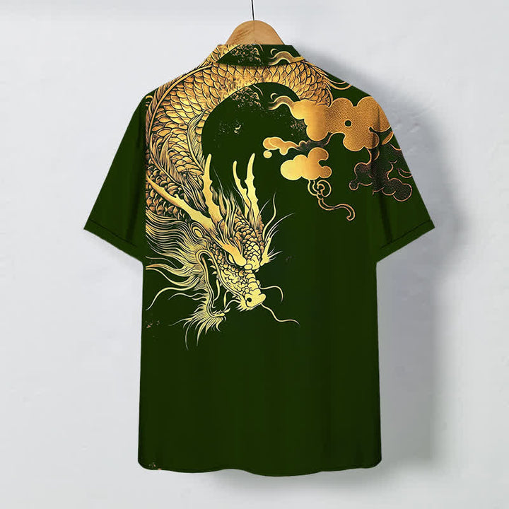 Buddha Stones Herren-Kurzarmhemd mit goldenem Drachen- und Wolkenmuster, knitterarm. - image 11