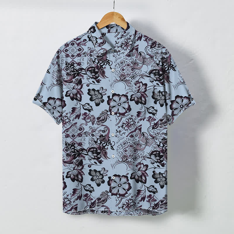 Buddha Stones Kurzarmhemd für Herren mit tropischem Blumen- und Blättermuster, knitterarm - Hellblau - US/ UK/AU48, EU58 (4XL) - image 3