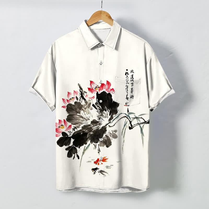 Buddha Stones Atmungsaktives Herren-Kurzarmhemd mit Knöpfen und Lotus-Koi-Fisch-Muster - Elfenbein - US/ UK/AU48, EU58 (4XL) - image 0