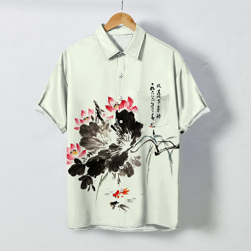 Buddha Stones Atmungsaktives Herren-Kurzarmhemd mit Knöpfen und Lotus-Koi-Fisch-Muster - Minzcreme - US/ UK/AU48, EU58 (4XL) - image 3