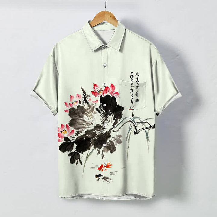 Buddha Stones Atmungsaktives Herren-Kurzarmhemd mit Knöpfen und Lotus-Koi-Fisch-Muster - Minzcreme - US/ UK/AU48, EU58 (4XL) - image 3