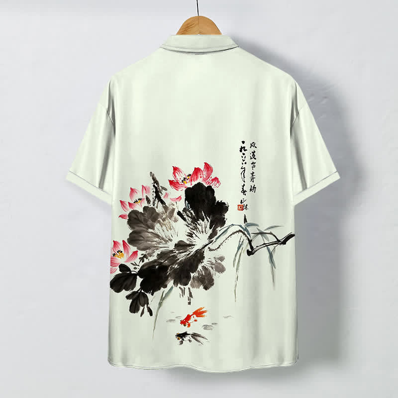 Buddha Stones Atmungsaktives Herren-Kurzarmhemd mit Knöpfen und Lotus-Koi-Fisch-Muster - image 4