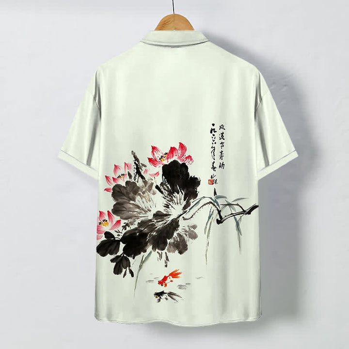 Buddha Stones Atmungsaktives Herren-Kurzarmhemd mit Knöpfen und Lotus-Koi-Fisch-Muster - image 4