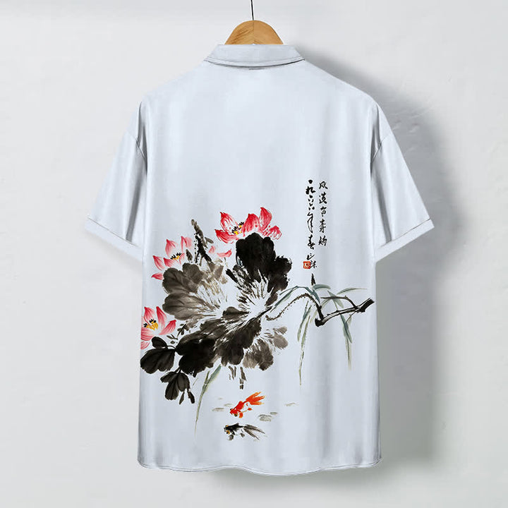 Buddha Stones Atmungsaktives Herren-Kurzarmhemd mit Knöpfen und Lotus-Koi-Fisch-Muster - image 7