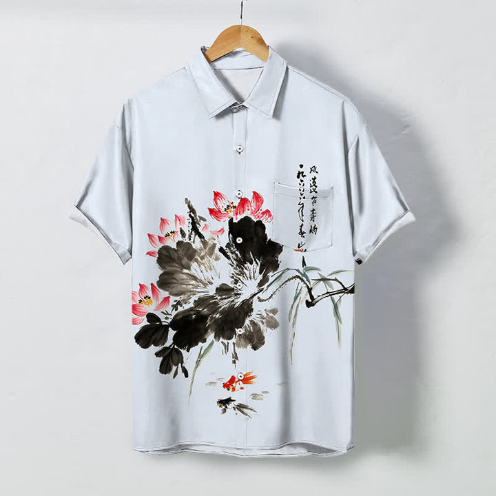 Buddha Stones Atmungsaktives Herren-Kurzarmhemd mit Knöpfen und Lotus-Koi-Fisch-Muster - Hellblau - US/ UK/AU48, EU58 (4XL) - image 6
