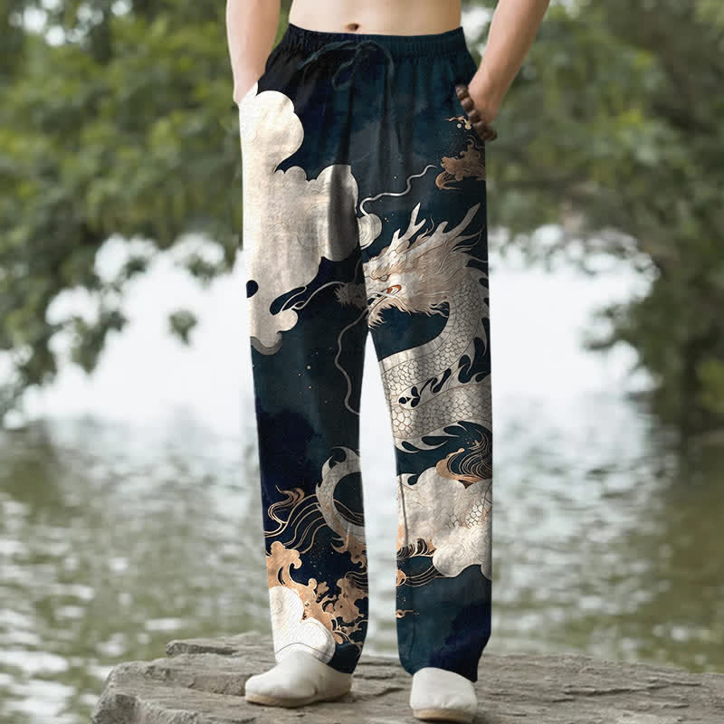 Buddha Stones Herrenhose aus Baumwolle mit Drachen- und Wolkenmuster, schmal zulaufend und mit Taschen - Türkis - US/ UK/AU50, EU60 (5XL) - image 0
