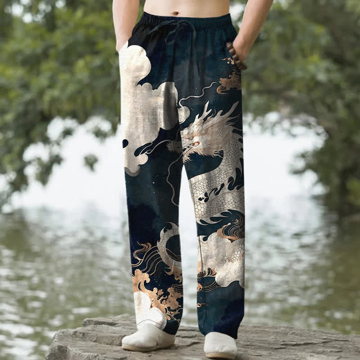 Buddha Stones Herrenhose aus Baumwolle mit Drachen- und Wolkenmuster, schmal zulaufend und mit Taschen - Türkis - US/ UK/AU50, EU60 (5XL) - image 0