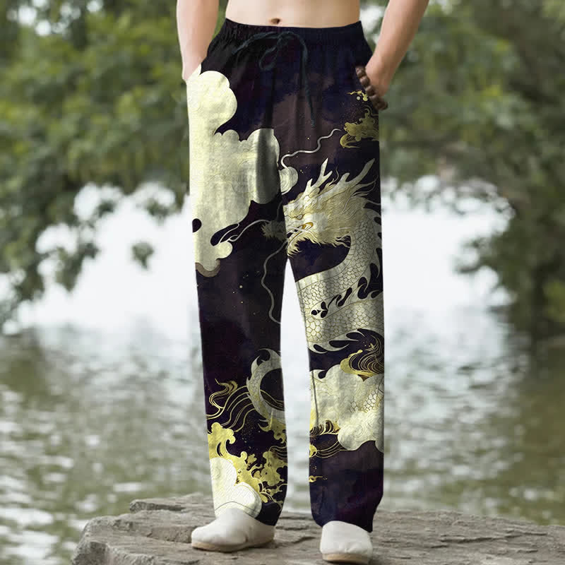 Buddha Stones Herrenhose aus Baumwolle mit Drachen- und Wolkenmuster, schmal zulaufend und mit Taschen - Schwarz - US/ UK/AU50, EU60 (5XL) - image 6